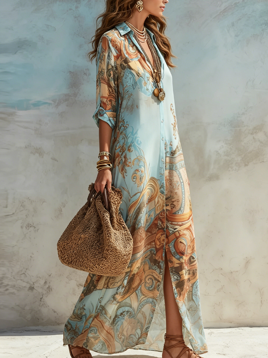 Sophia | Baroque Style Floral Blue Chiffon Maxi Dress
