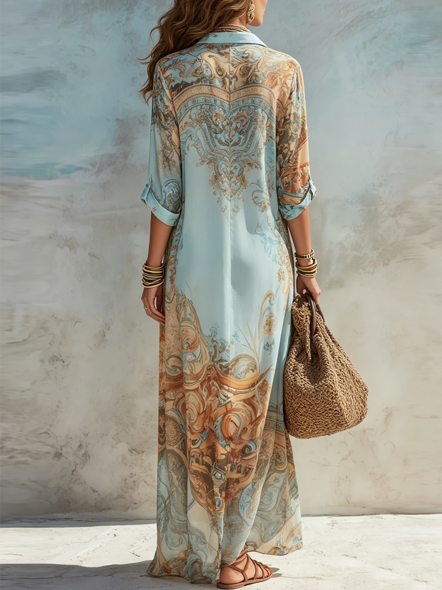 Sophia | Baroque Style Floral Blue Chiffon Maxi Dress