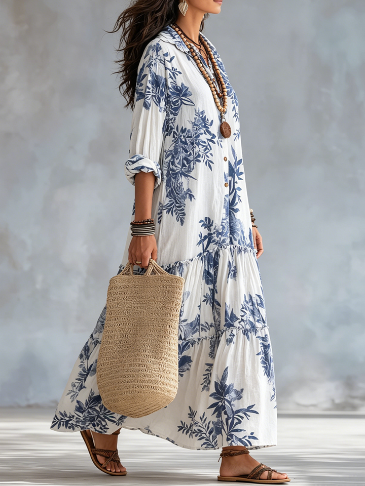 Jennifer | Bohemian Blue Floral Button-down Maxi Dress
