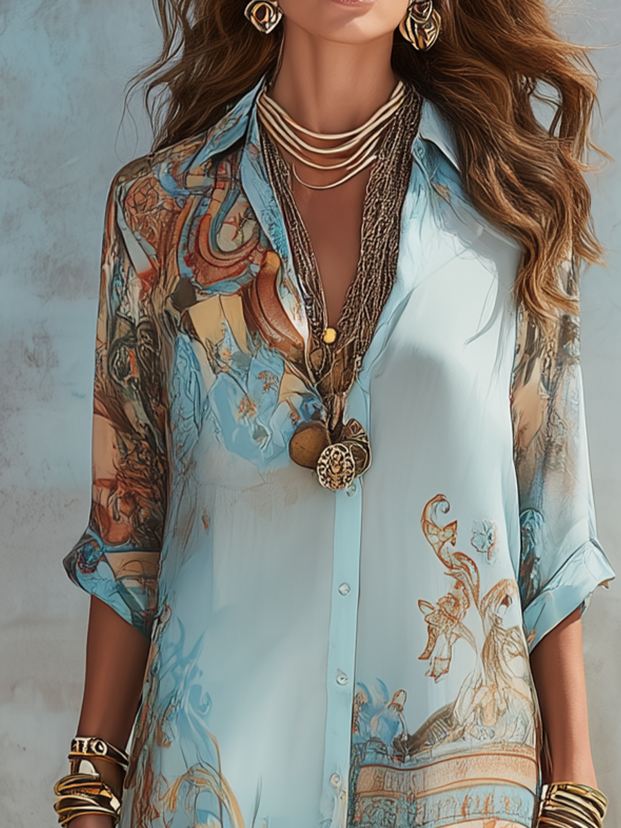 Sophia | Baroque Style Floral Blue Chiffon Maxi Dress
