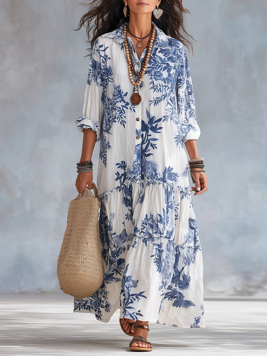 Jennifer | Bohemian Blue Floral Button-down Maxi Dress