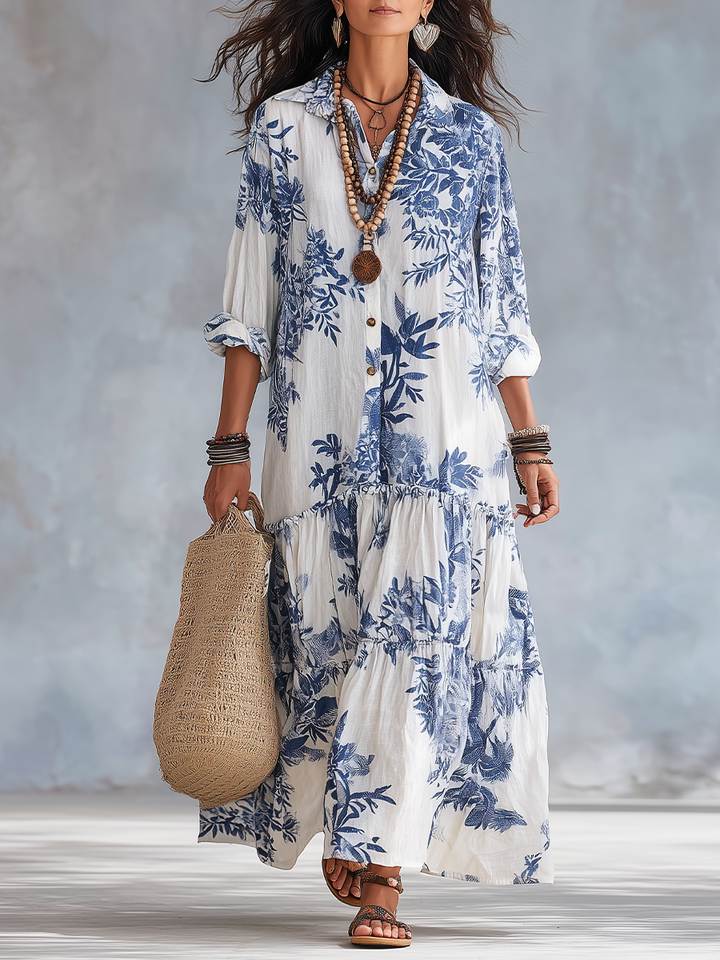 Jennifer | Bohemian Blue Floral Button-down Maxi Dress
