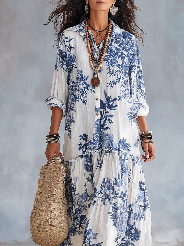 Jennifer | Bohemian Blue Floral Button-down Maxi Dress