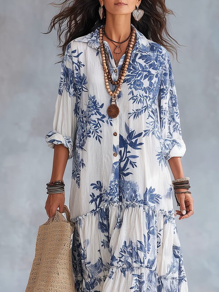Jennifer | Bohemian Blue Floral Button-down Maxi Dress