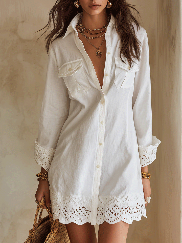 Claire | Bohemian Eyelet Hem Resort White Shirt Mini Dress
