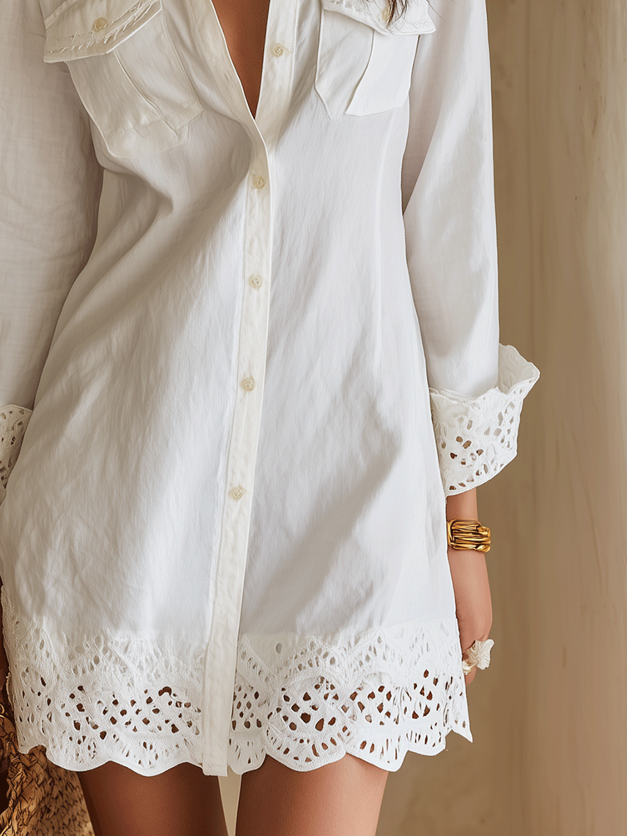 Claire | Bohemian Eyelet Hem Resort White Shirt Mini Dress