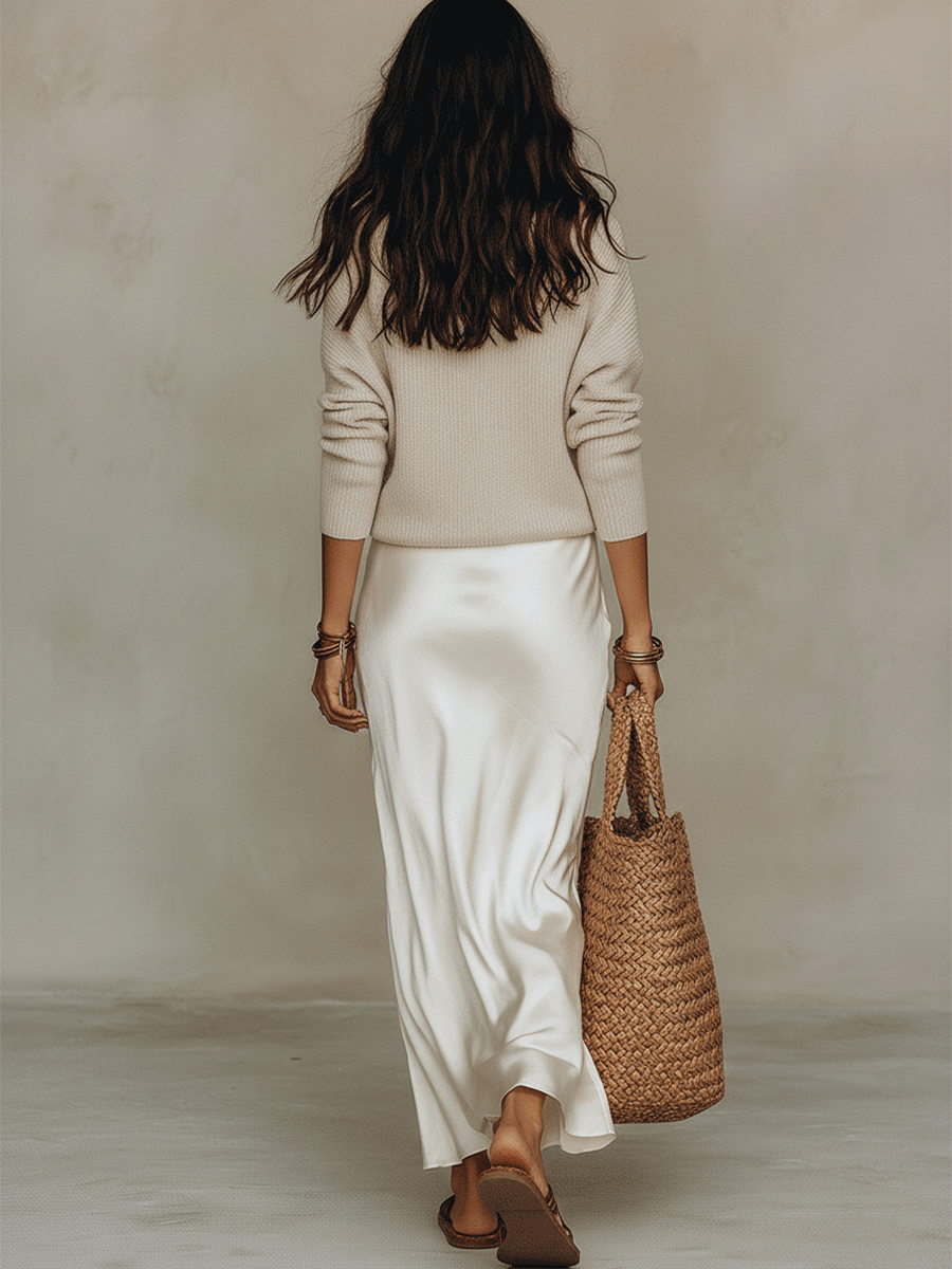 Ariana | Effortless Ivory Knit & Satin Midi Ensemble