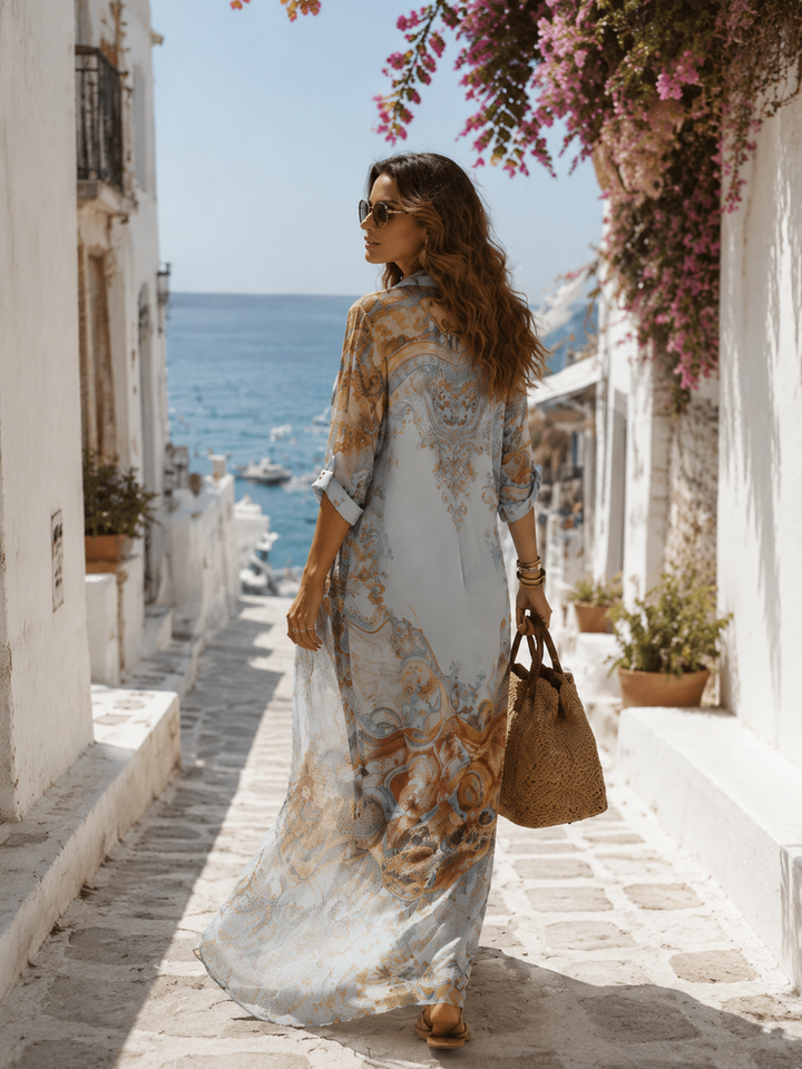 Sophia | Baroque Style Floral Blue Chiffon Maxi Dress