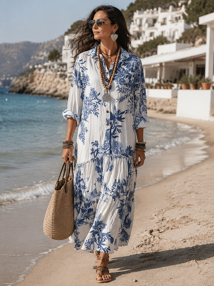 Jennifer | Bohemian Blue Floral Button-down Maxi Dress
