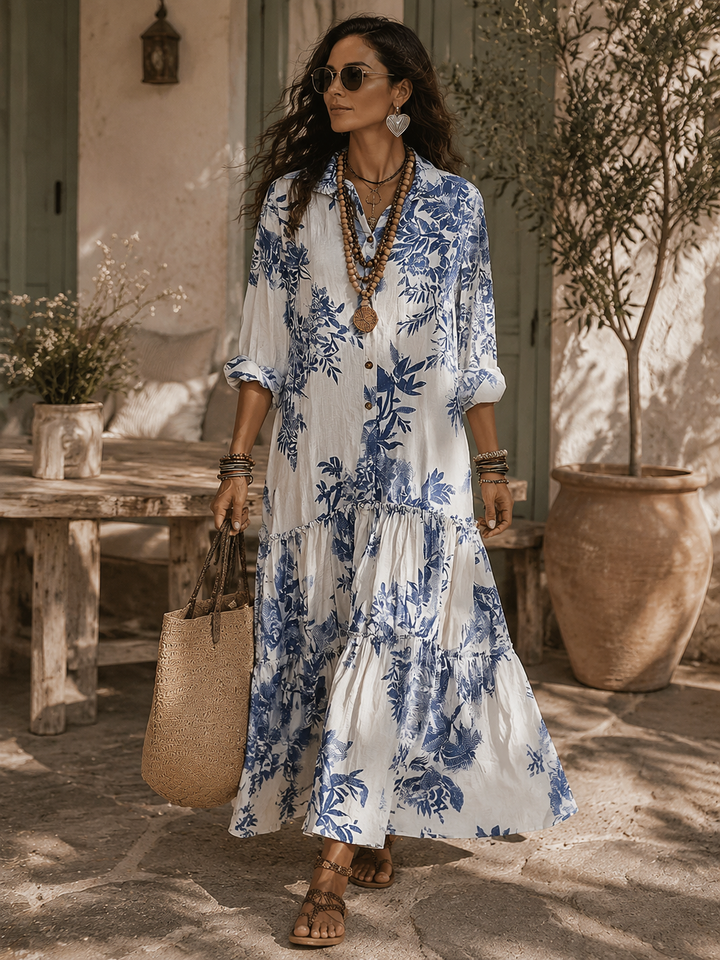 Jennifer | Bohemian Blue Floral Button-down Maxi Dress